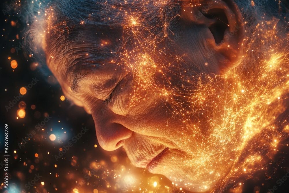 Poster older man with a fiery glow surrounding his head symbolizing intense thought memory and the passage 
