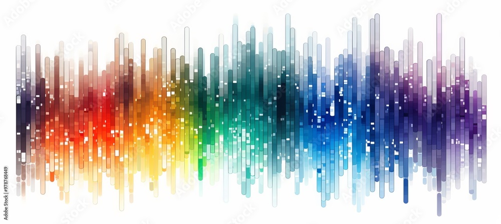 Poster vibrant sound wave visualization in rainbow colors representing audio frequencies and rhythms