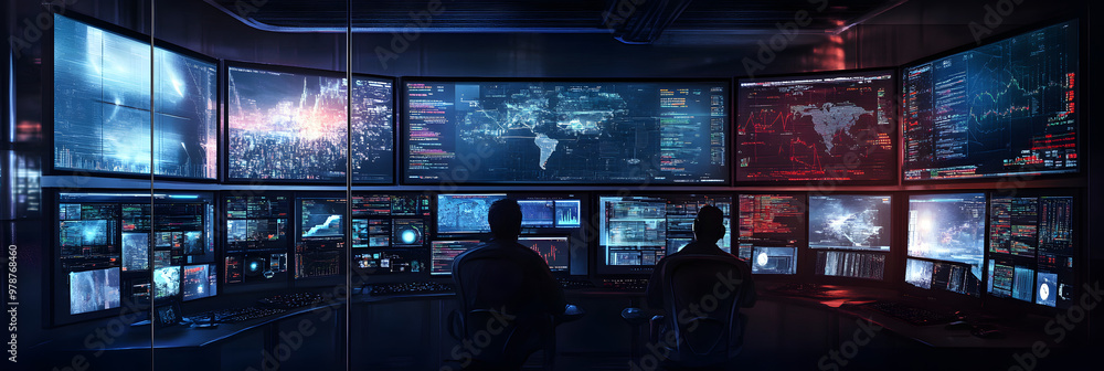 Poster cybersecurity command center with multiple screens and data visualizations, dark ambient lighting, w