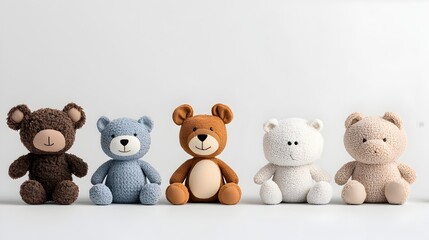Neatly Arranged Assortment of Soft Plush Toys on White Background