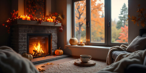 Cozy autumn interior with fireplace and seasonal decor