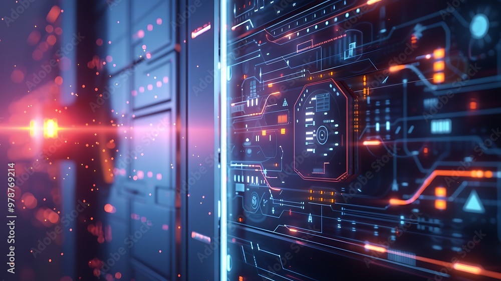 Poster close-up of a futuristic server interface with glowing lights and data visualizations.