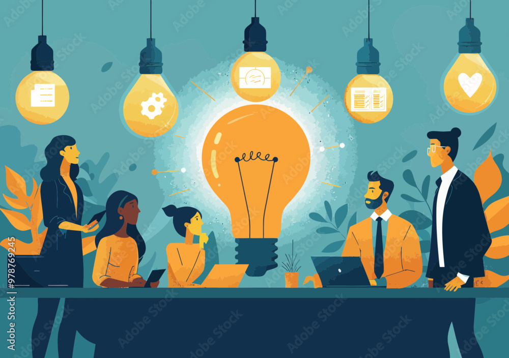Poster team brainstorming new project with light bulb symbolizing innovative ideas and problem solving, min