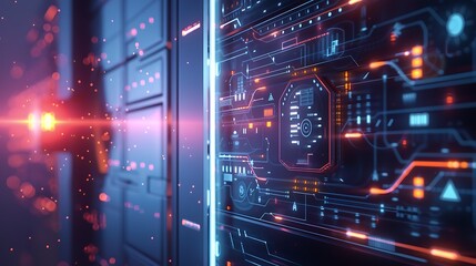 Close-up of a futuristic server interface with glowing lights and data visualizations.