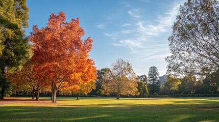 Fototapeta premium Autumnal hues adorn Parramatta Park's towering trees, creating a vibrant tapestry.
