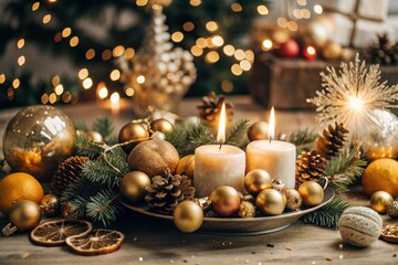 The concept of New Year and Christmas. The warmth of the house in cold weather. Fir branches, tangerines, cones and candles on the background of a beautiful bokeh in the interior of the living room.