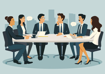 Business Team Discussion During Meeting Around Table, Minimalistic Vector Illustration of Professionals Collaborating, Office Setting, Daytime, Brainstorming, Communication, Teamwork