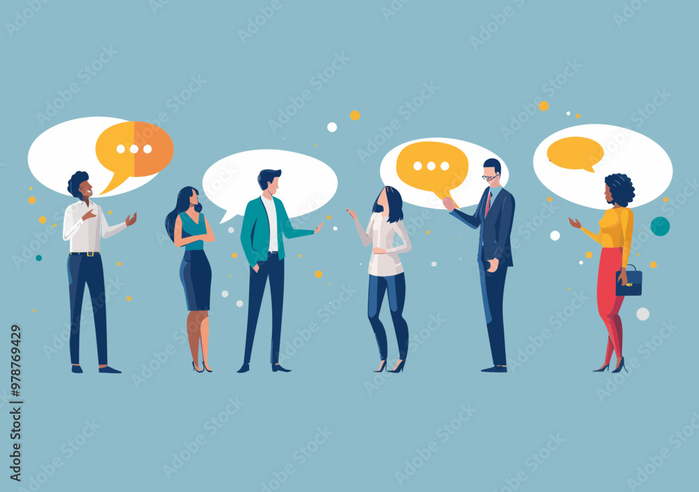 Poster businesspeople engaged in office communication inside speech bubbles - minimalistic vector illustrat
