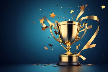 Golden trophy with gold stars on blue dark background