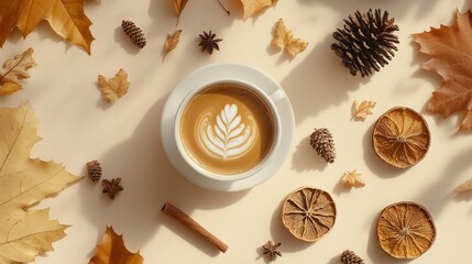 Autumnal scene featuring a cup of coffee, fallen leaves, a pine cone, dried fruit, and cinnamon sticks arranged on a beige backdrop, inviting contemplation and inspiration.