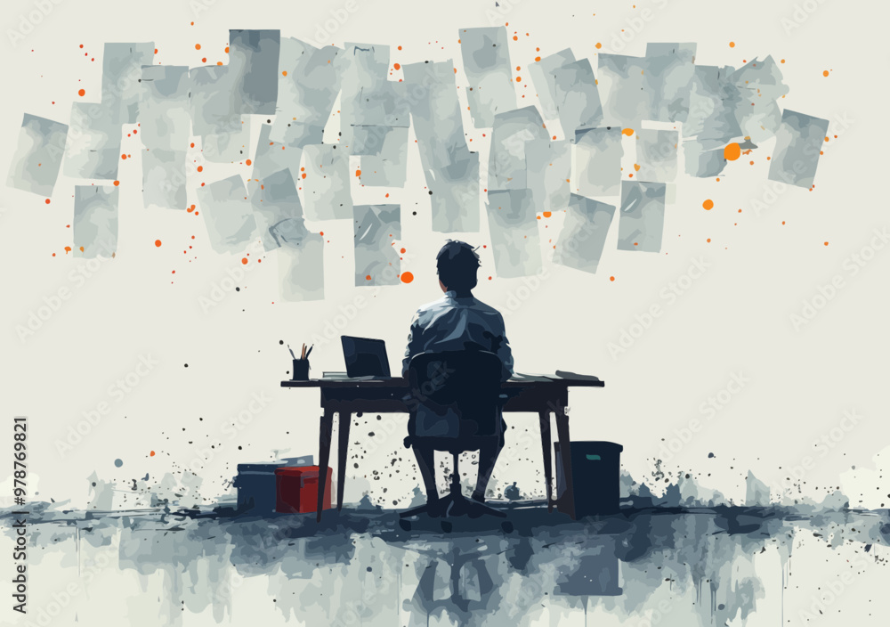 Poster office worker strategizing solutions, minimalistic vector illustration of business problem solving, 