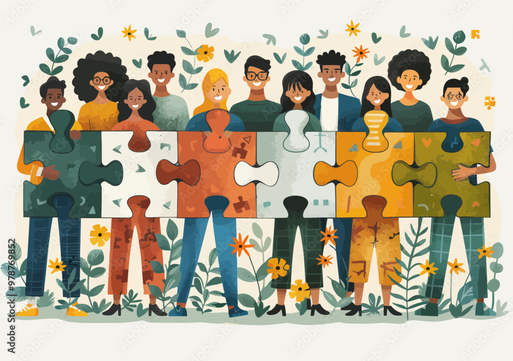 Aufkleber diverse team holding giant colorful puzzle pieces together concept solving problems finding solution