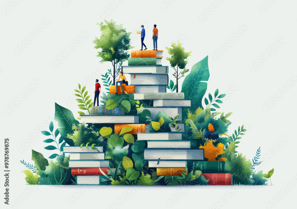 Poster business team collaboration creating startup on stacked books symbolizing knowledge for wisdom and i