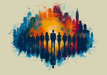 Team Leadership Concept with Rotating Business Icons and City Skyline in Colorful Vector Illustration, Depicting Corporate Success, Unity, and Innovation in Business Environment