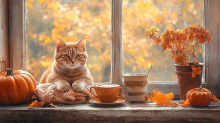 Naklejka na ściany i meble Autumnal scene with a charming cat and hot coffee on a vintage windowsill, reflecting the cozy fall mood and home decor.