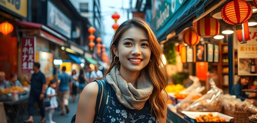 A Young Woman Smiles in a Busy Asian Market Street