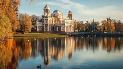 Obraz premium Autumnal hues paint the lower pond of the Tsaritsyno Palace ensemble, where swans and ducks float serenely amidst the picturesque landscape.