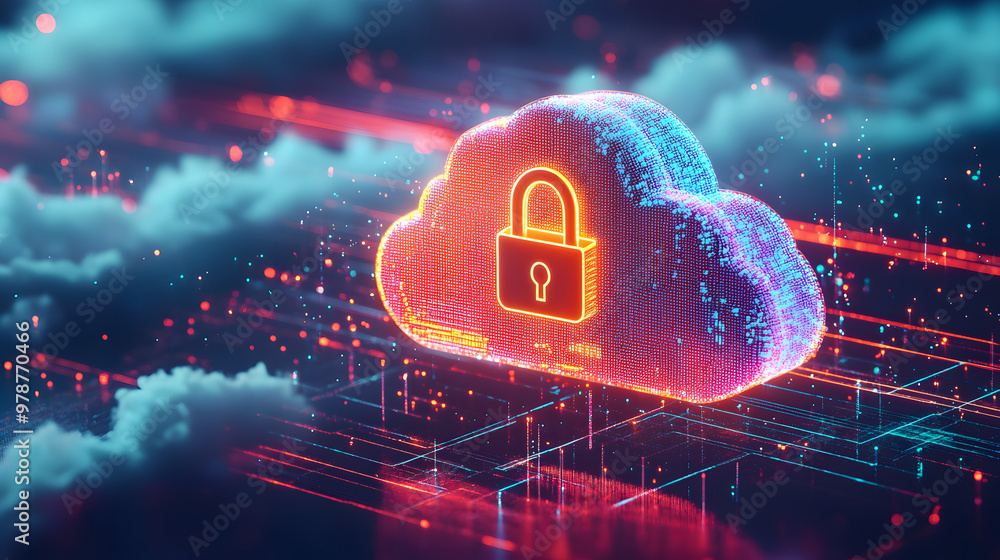 Poster abstract illustration of cloud security services, stylized cloud icon integrated with a secure padlo