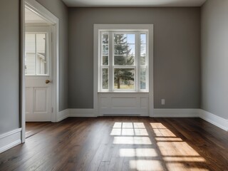 Obraz premium Sunlit Empty Room with White Trim and Hardwood Floors