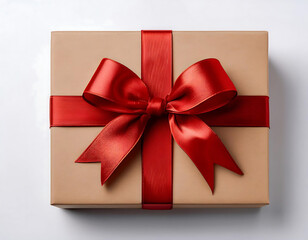  Cardboard gift box with a red bow, isolated on a white background, perfect for flat lay hol_1(184)