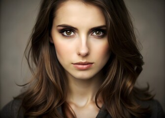 Fototapeta premium A woman with brown hair and brown eyes is looking directly at the camera