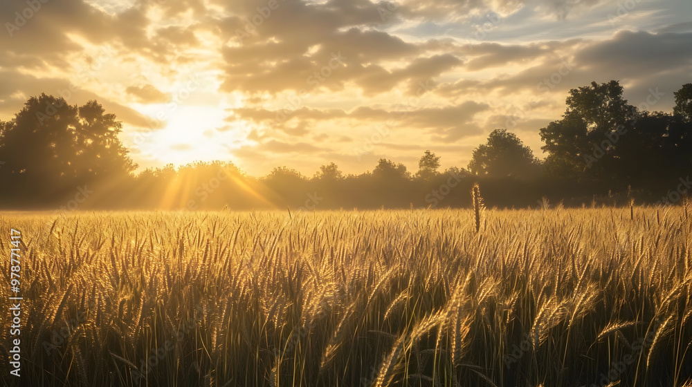 Poster a field of tall grass with the sun shining through the clouds over the trees on the other side of th