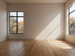 Empty Room with Wooden Floor and Sunlight Streaming Through Windows