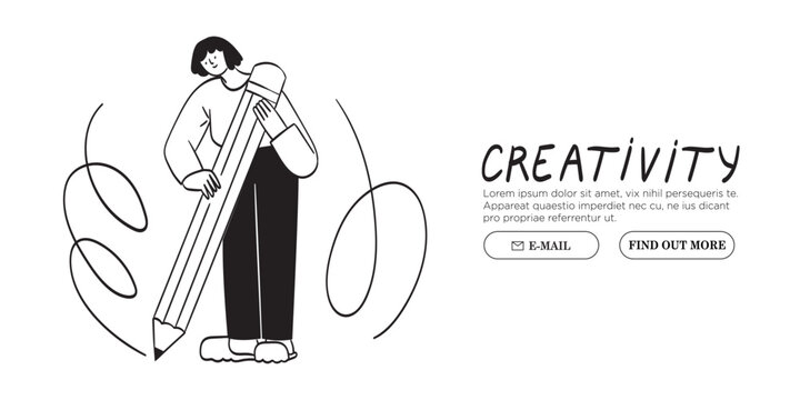 Woman with large pencil drawing. Young person hold big pencil. Cute funny isolated character. Doodle style hand drawn vector illustration. Drawing, writing, creating, web design, blogging concept.