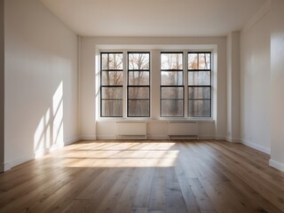 Obraz premium Empty Room with Large Windows and Hardwood Floors