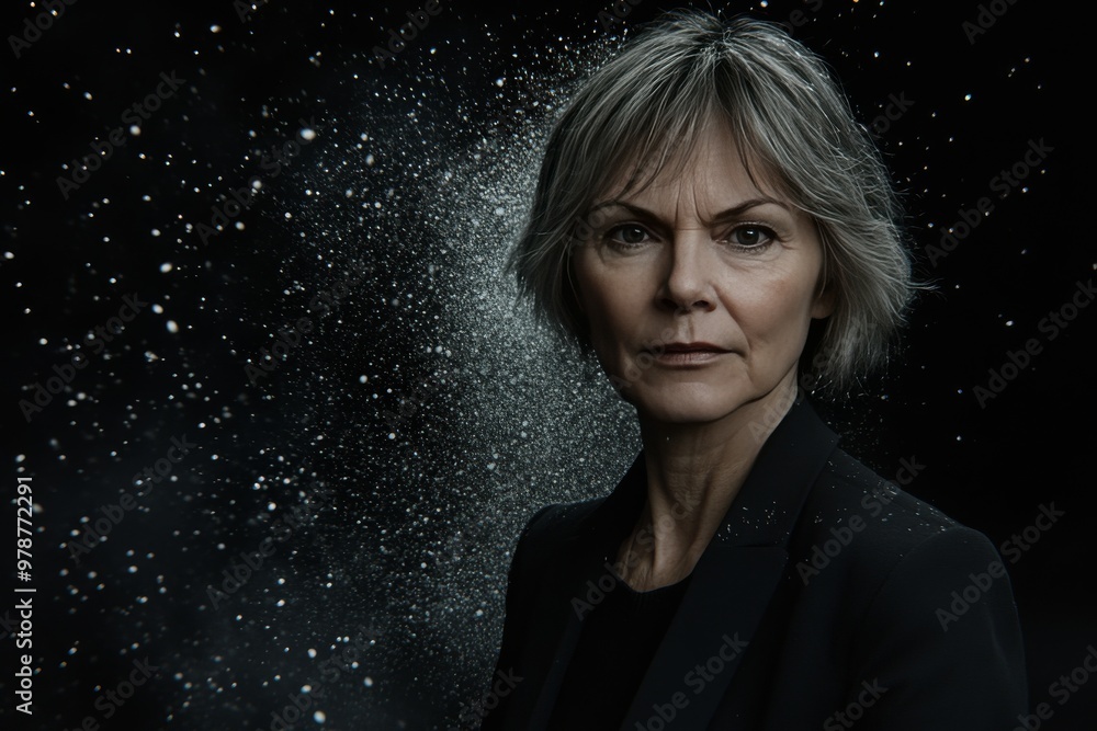 Poster elderly woman with short gray hair in a dark setting illuminated by intricate light patterns symboli