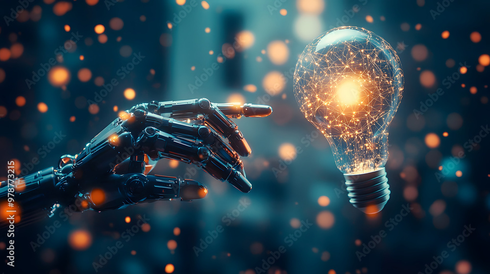 Poster representation of ai and machine learning, illustrated by the interaction between robotic and human 