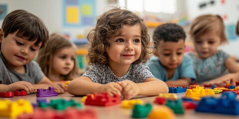 Fototapeta premium kids playing with constructor Children playing with colorful plastic bricks