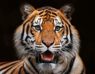 Fototapeta premium front view of ferocious looking Tiger animal looking at the camera with mouth open 