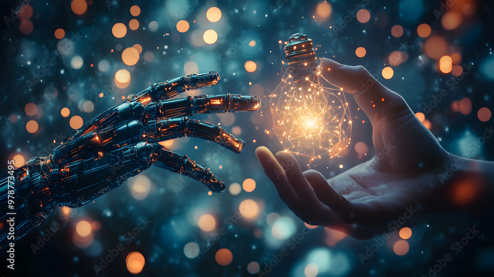 Poster representation of ai and machine learning, illustrated by the interaction between robotic and human 