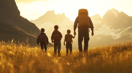 A family of three is walking through a field of flowers