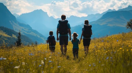 A family of three is walking through a field of flowers
