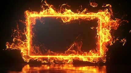 Empty frame with electric power round border glowing, burning flame sign