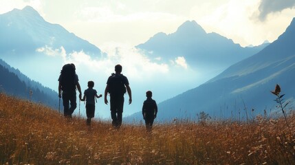 A family of three is walking through a field of flowers