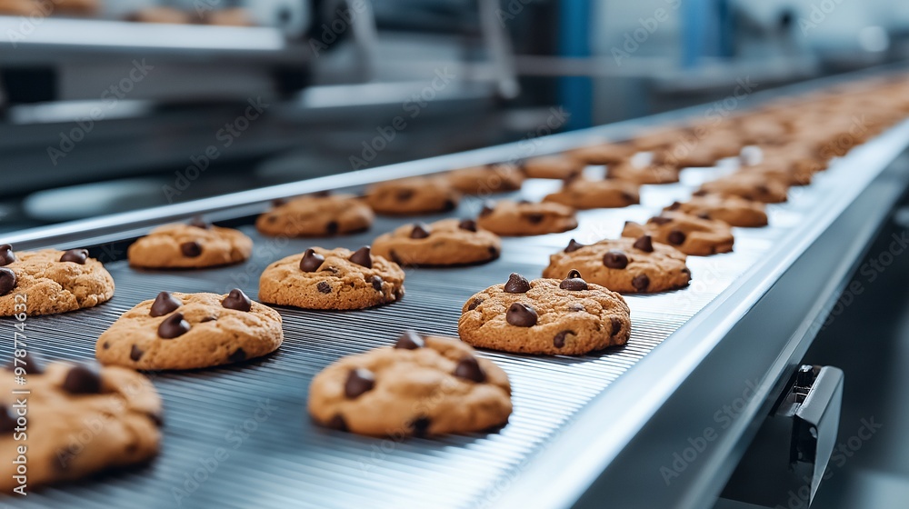 Poster a state-of-the-art factory conveyor system producing chocolate chip cookies with precision automatio