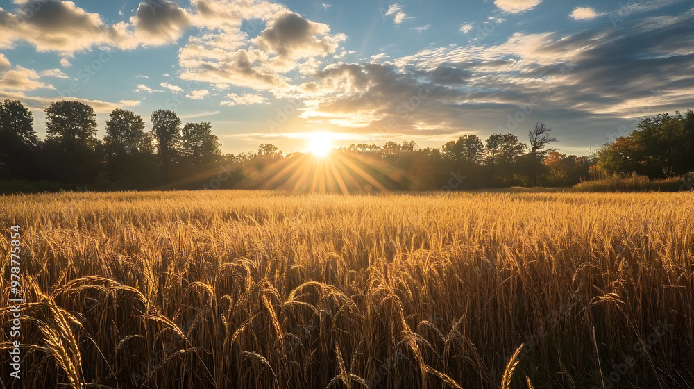 Poster a field of tall grass with the sun shining through the clouds over the trees on the other side of th