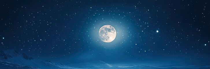 Fototapeta premium A serene winter night featuring a group of reindeer silhouetted against a full moon and starry sky, creating a magical atmosphere.