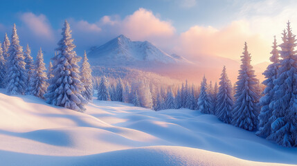 Christmas tree covered with snow and frost in the mountains. Colorful winter morning.