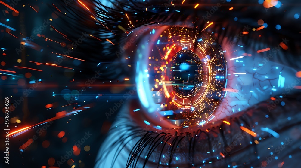 Poster close-up shot of a digital eye showcasing glowing lines and a futuristic interface. this image repre