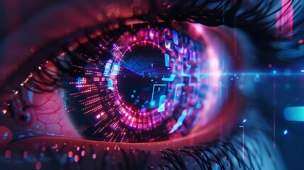 Human eye with a futuristic digital overlay. The iris is filled with glowing blue and pink lines, representing the interconnectedness of technology human consciousness in the future.