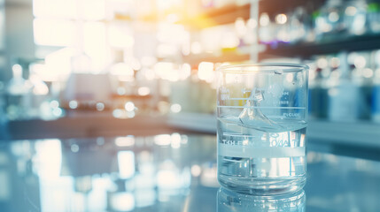 Close-up of glass beaker with clear liquid and floating indicator showing high lead levels, set on white countertop with copy space for text or design