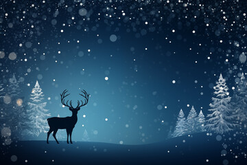 Fototapeta premium Christmas deer on a dark blue background. Christmas background with a silhouette of a deer made of small snowflakes and stars.