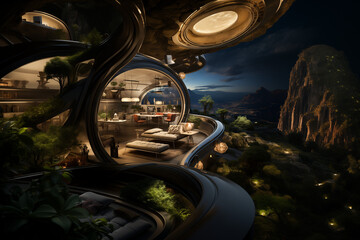Fantastic night view from a futuristic round architectural house