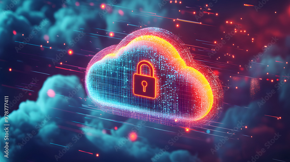 Poster abstract illustration of cloud security services, stylized cloud icon integrated with a secure padlo
