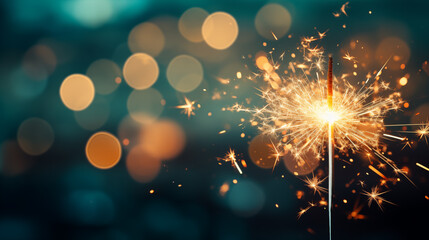 Obraz premium Sparkler that is lit up in the dark. Celebrations sparkler with night lights. A sparkler is lit