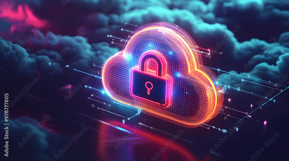 Poster abstract illustration of cloud security services, stylized cloud icon integrated with a secure padlo